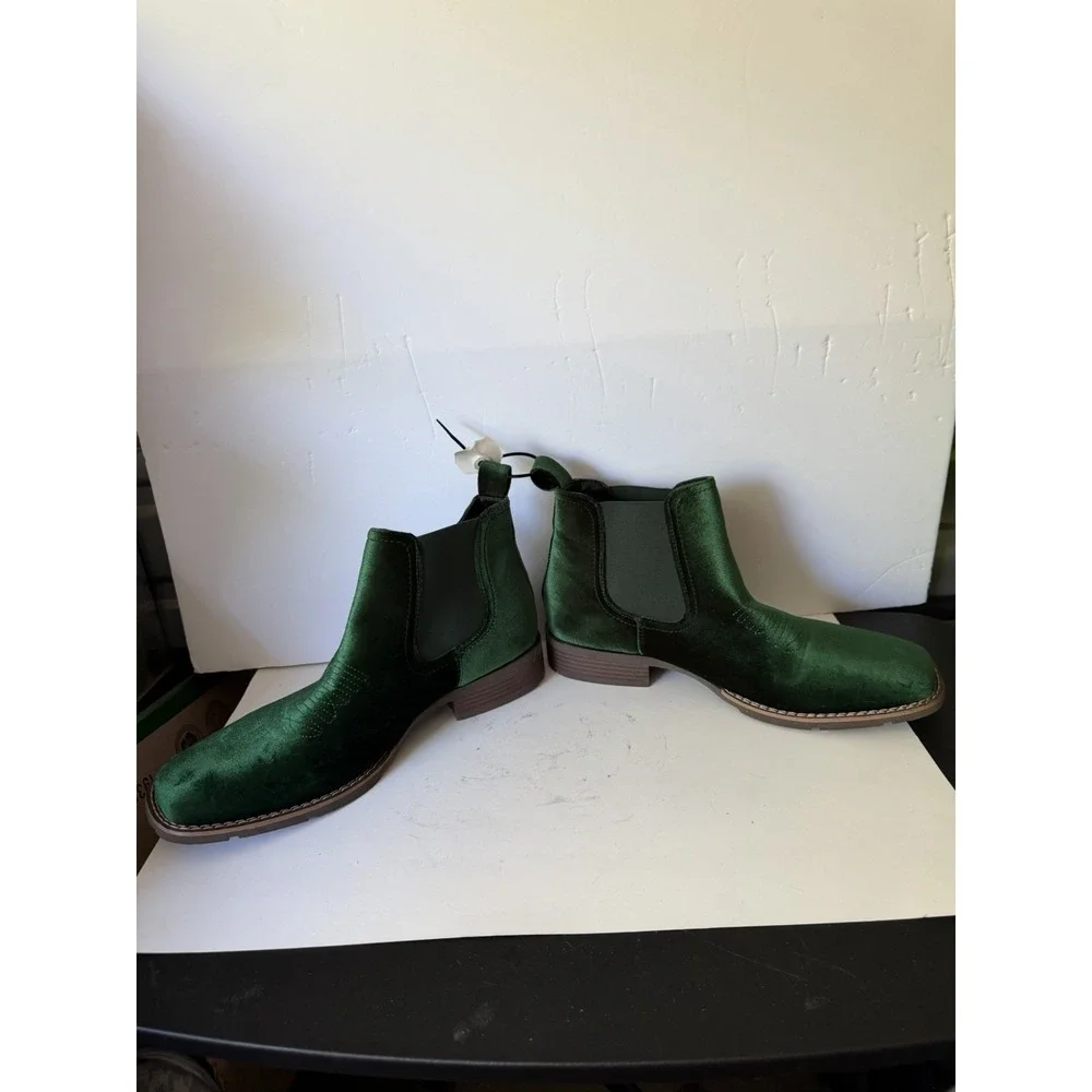 Men's Western Chelsea Boots Green Slip-On Square Toe Cowboy Ankle Shoes C-5